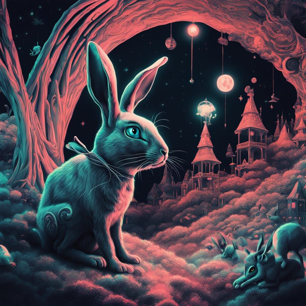 Surreal dark fantasy artwork inspired by Alice in Wonderland. Alice wanders through a twisted wonderland where all colors are inverted, like...