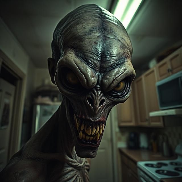Terrifying portrait of an evil grey alien standing inside of a kitchen room staring into your soul
