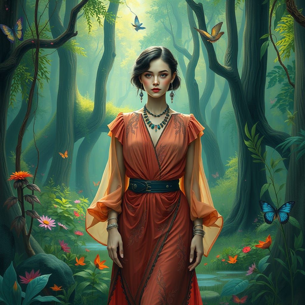 Elegant Woman in Mystical Forest, Surreal Digital Art
