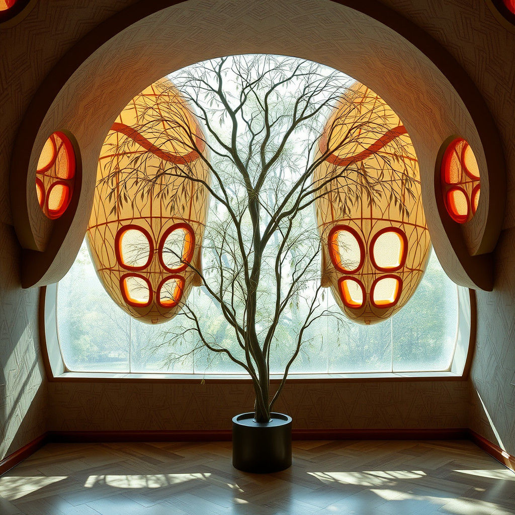 Surreal Interior with Giant Cuprite Heads and Willow Pattern