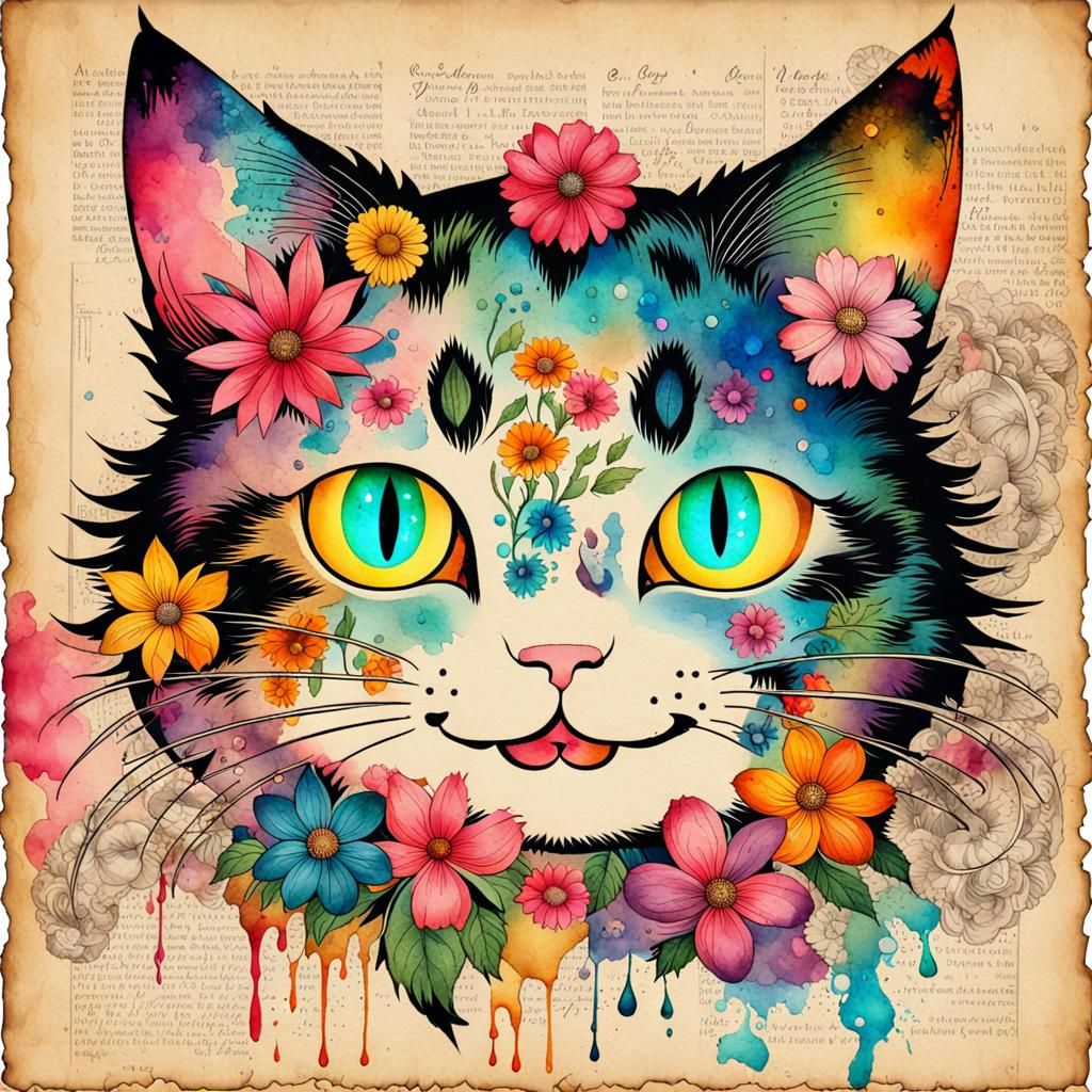 Floral Cat Face in Watercolor Vintage Style