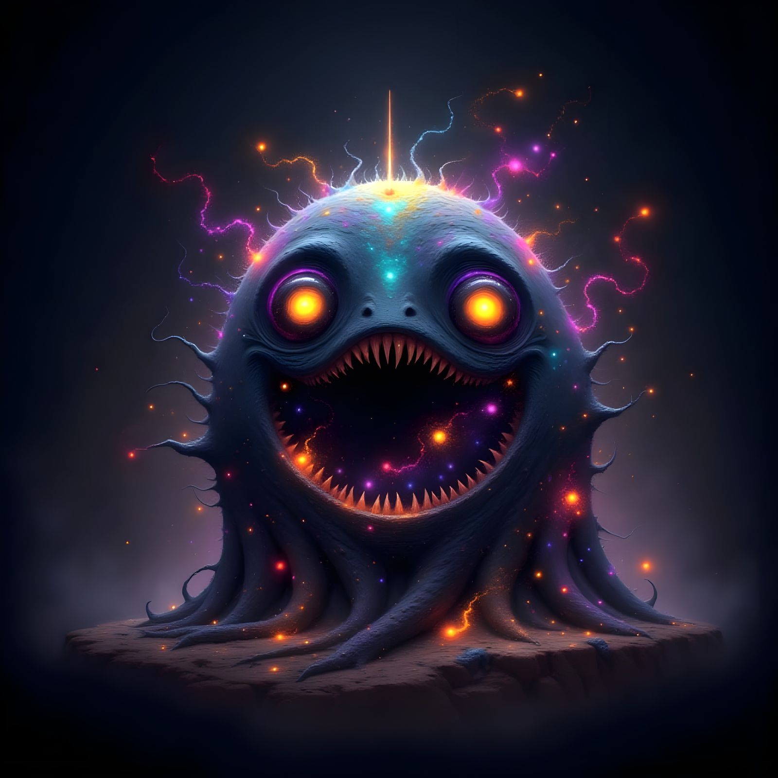 <lora:StarryEyes:1.0> A surreal, dreamlike creepy cute round small monster contrasted with glowing, colorful luminescent details