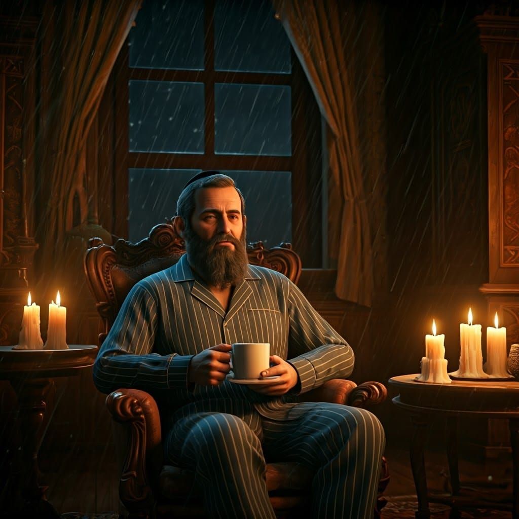 Cozy Jewish Scholar Sits in Whimsical Nighttime Study, Golde...