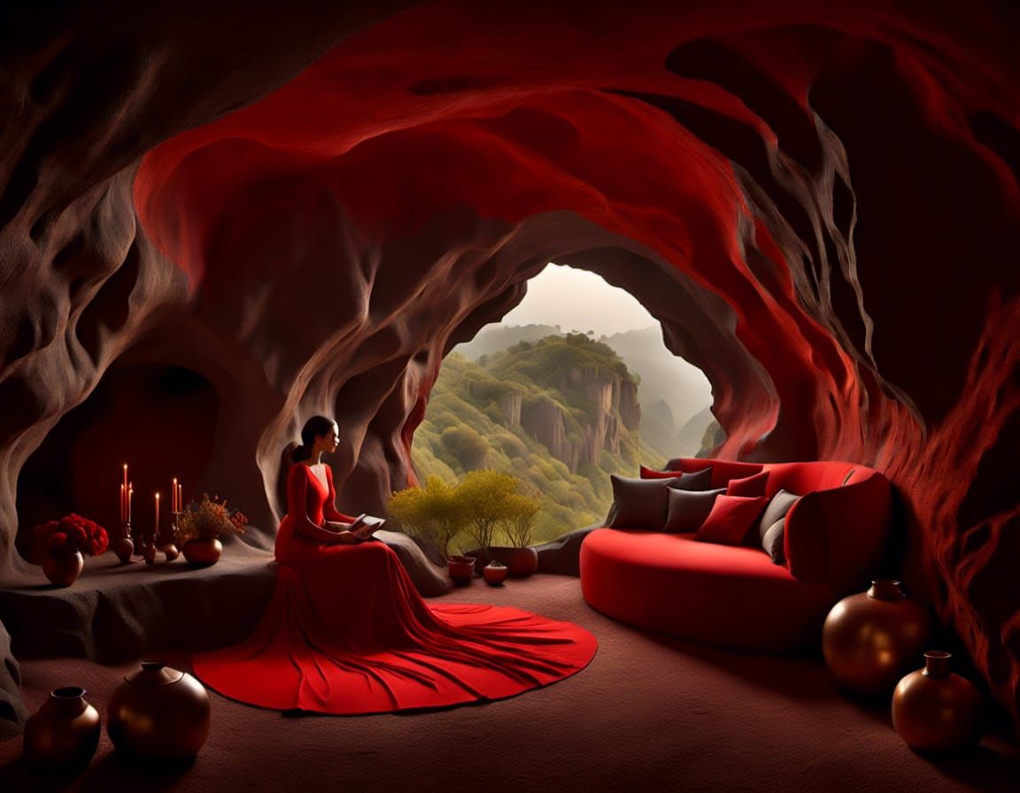 <lora:CaveHome:1.0> idyllic, romanticized, mood, serene, magical, quiet, peaceful hopeful. red brown, grey. woman sitting in the living roo...