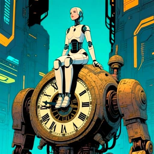 Close up of a solitary figure, a female robot, sits atop a colossal, ancient clockwork automaton in the style of Moebius. Facing the viewer....