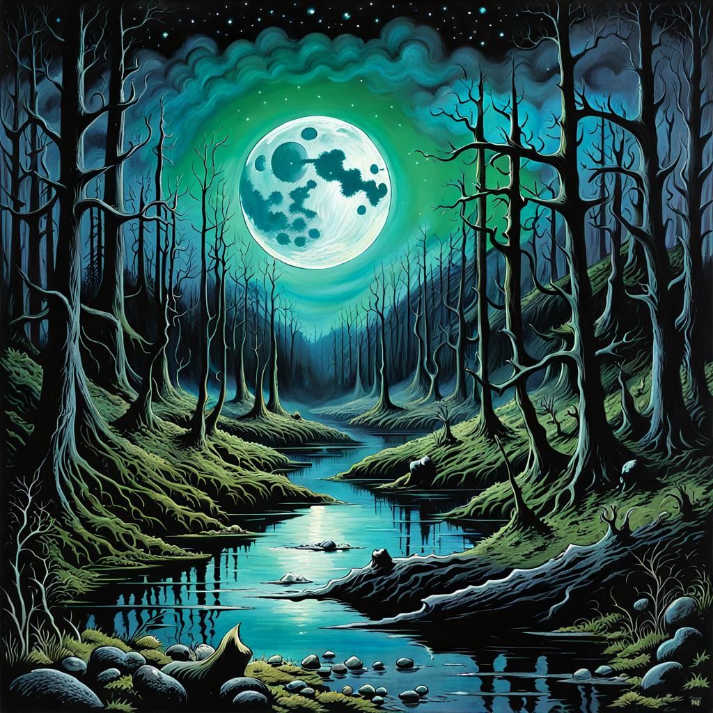 full moon moonlit meadow in a forest glade constellations illuminating crystal lustrous waters digital watercolor, dark, flowers, spring fan...