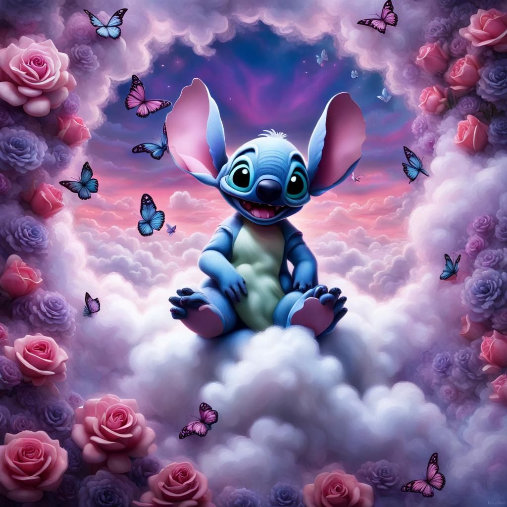 Create me a hyper realistic, 8k, 3-D render of stitch sittin...