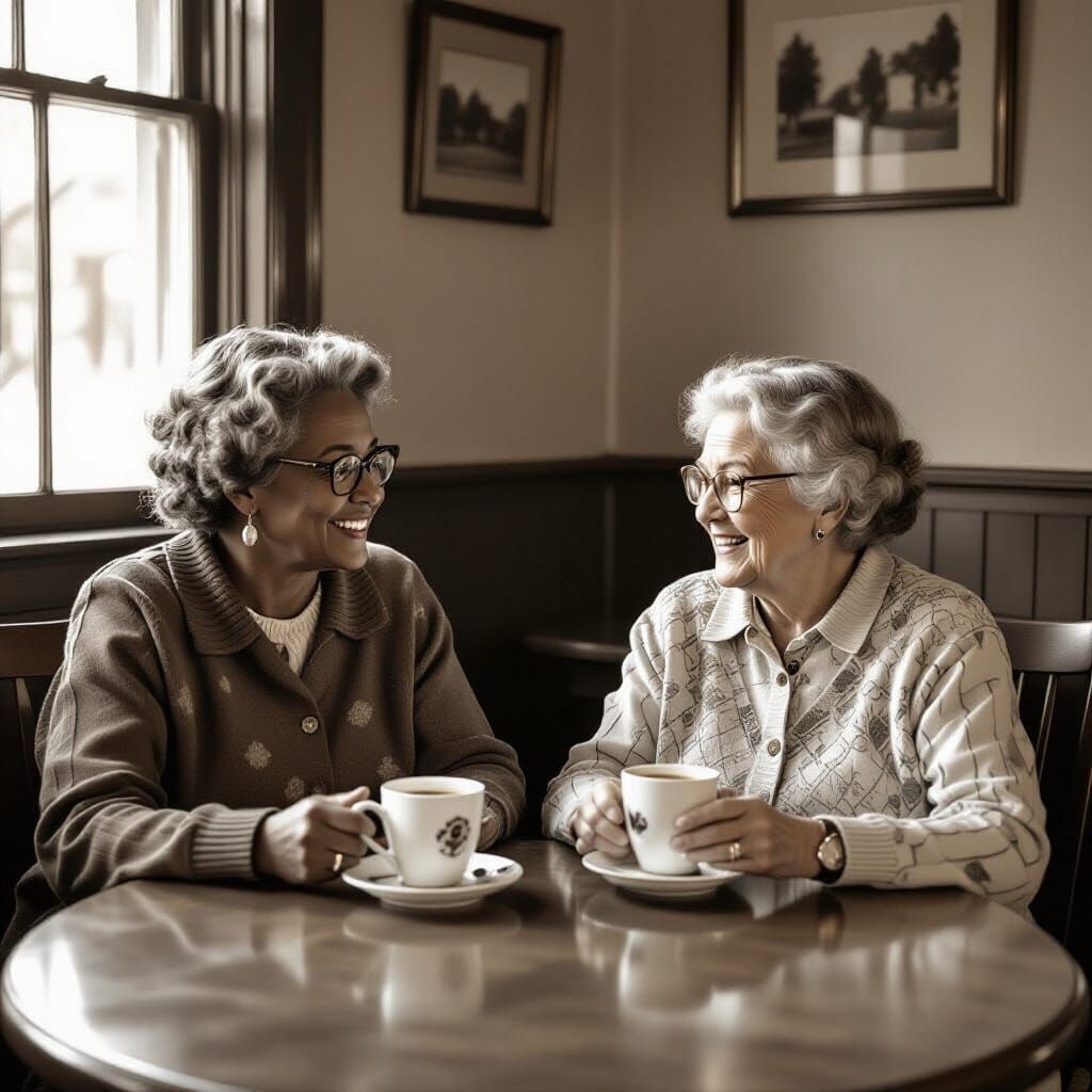 Activist Rosa Parks and Corrie ten Boom enjoying coffee together in sepia photograph