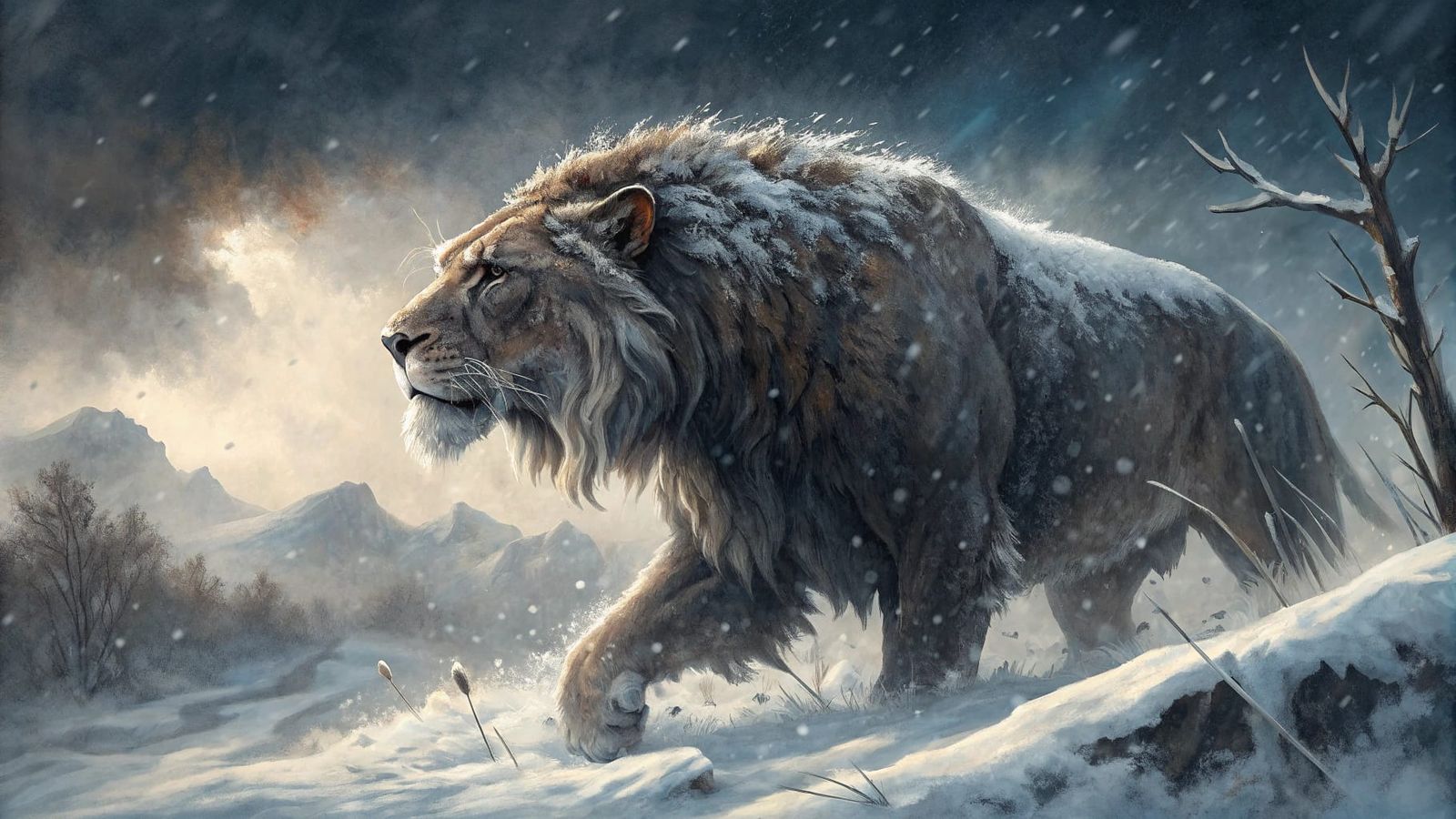 A majestic Smilodon trudging through a fierce snowstorm, its thick fur covered in frost and snow. Painted ...  by @Malwen