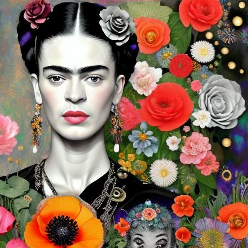 Frida Kahlo poppy flowers Black and white iridescent sparkling collage ...