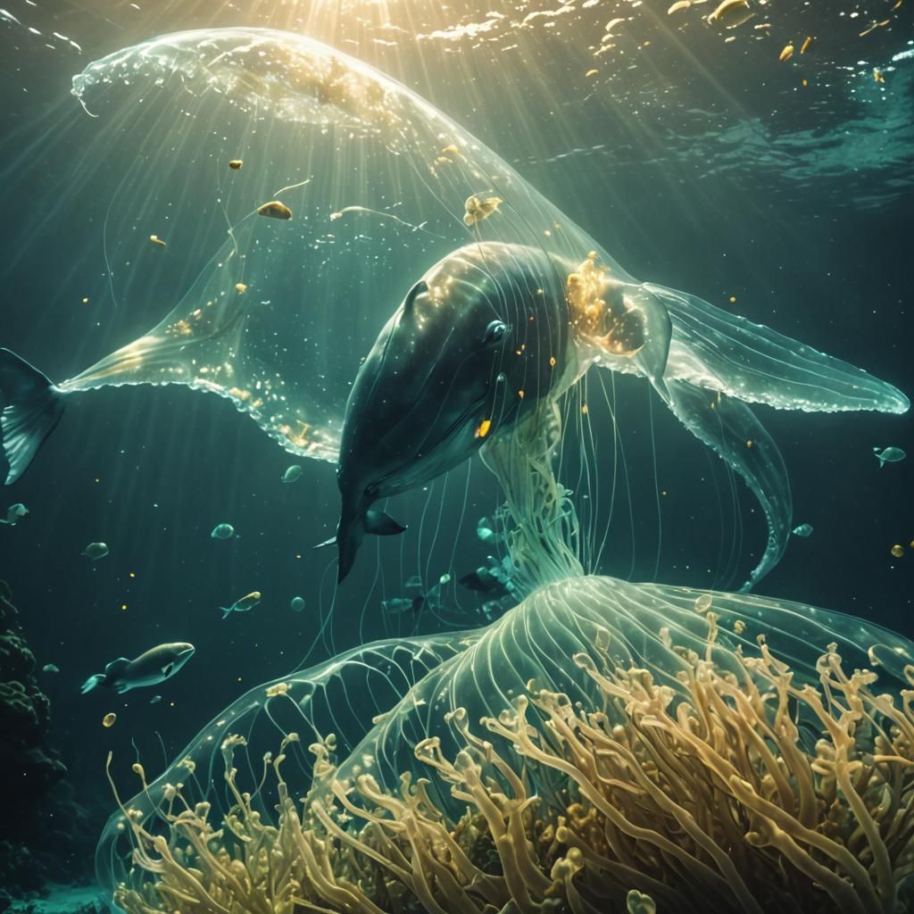 Underwater view of a huge fantastical glowing transparent gl...