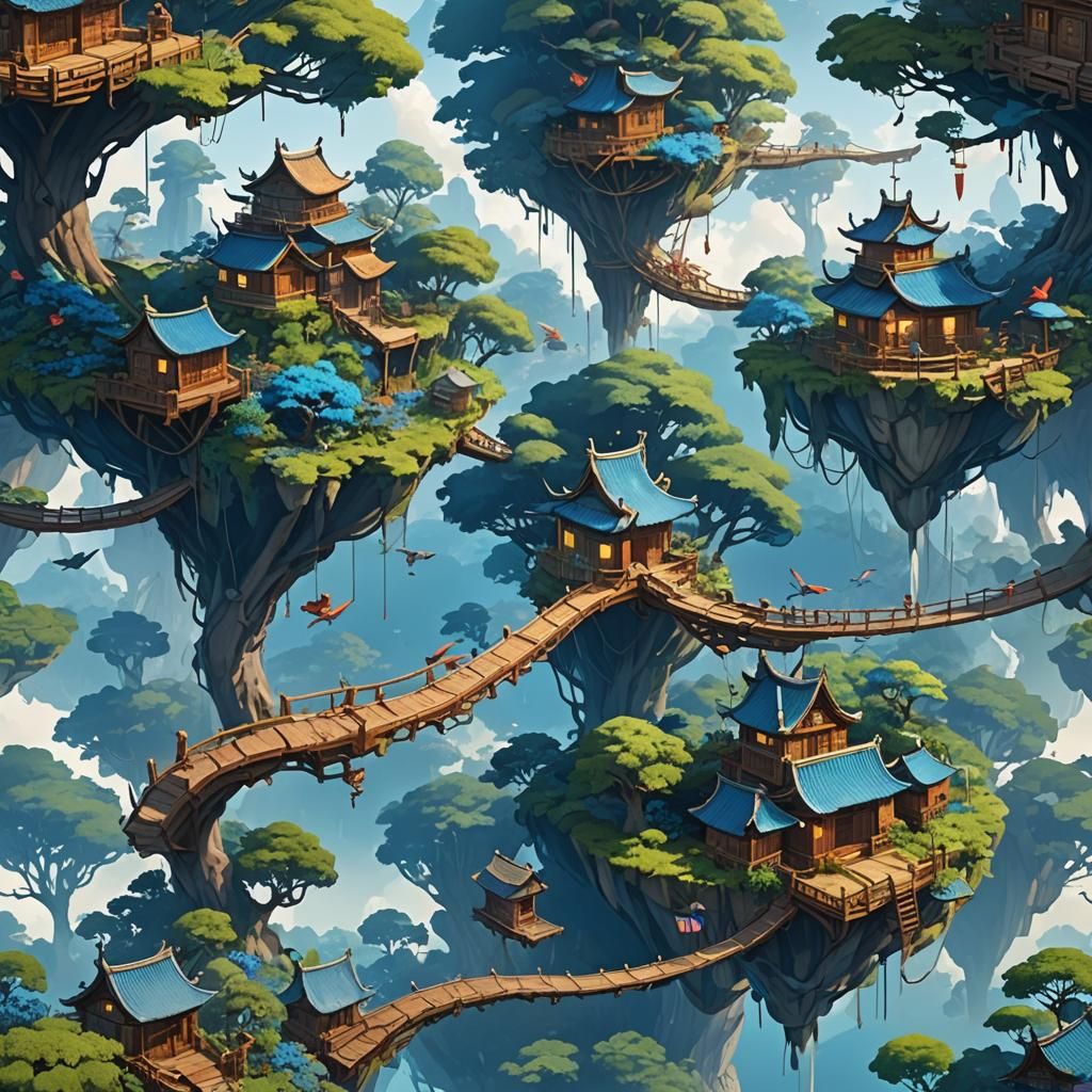 Floating islands, treehouses and bridges connecting them, bl...