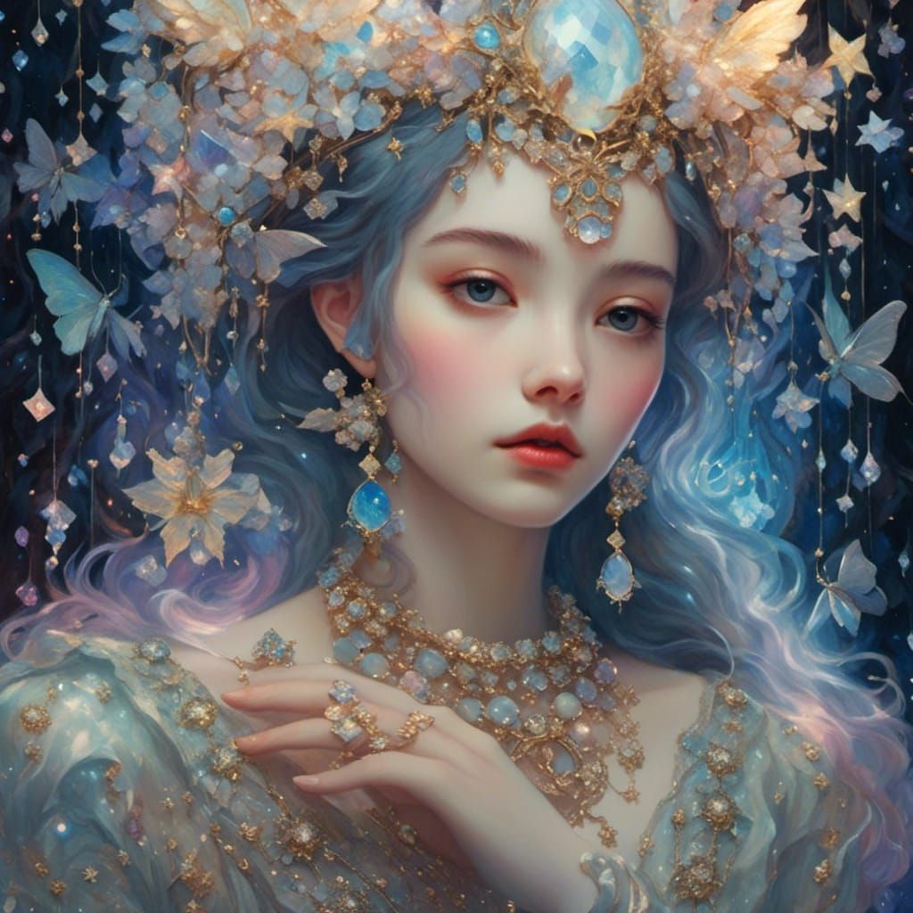 <lora:DarkSurreal:1.0> sparkle bling jewellery glitter shiny twinkling stars shimmery opalescent opals brilliant dazzling. Edmund Dulac Kawa...