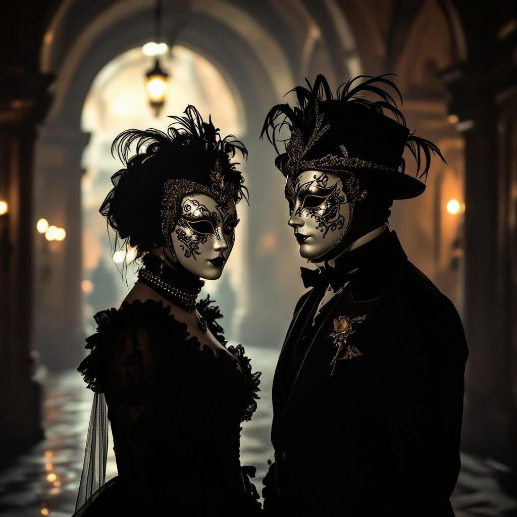 Two characters in the dark with masks
