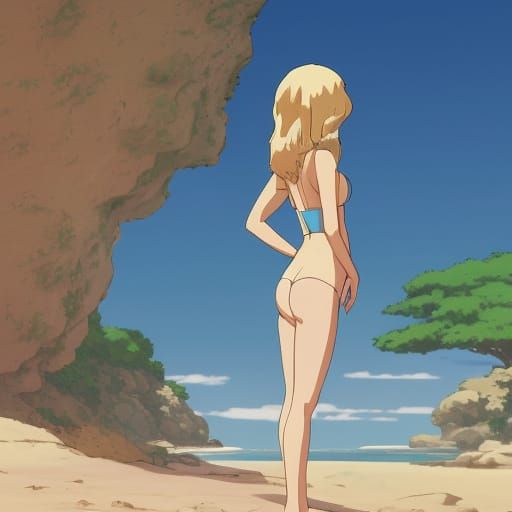 Beige Swimsuit Model in Anime Key Visual Style