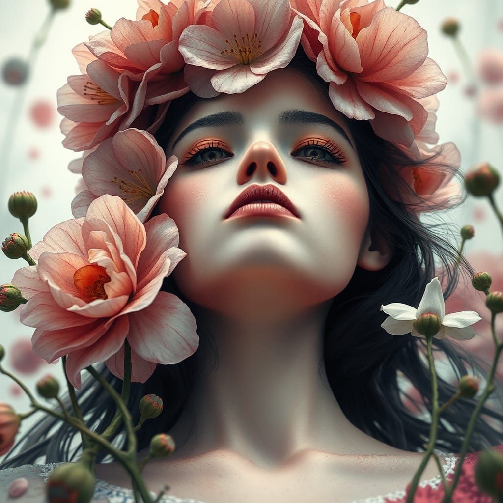 Floral Woman: Hyperrealistic Portrait in Watercolor Style