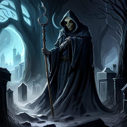grim reaper in a graveyard 🪦 sinister by Greg Rutkowski hor...
