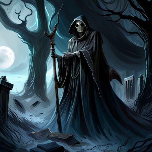 grim reaper in a graveyard 🪦 sinister by Greg Rutkowski hor...