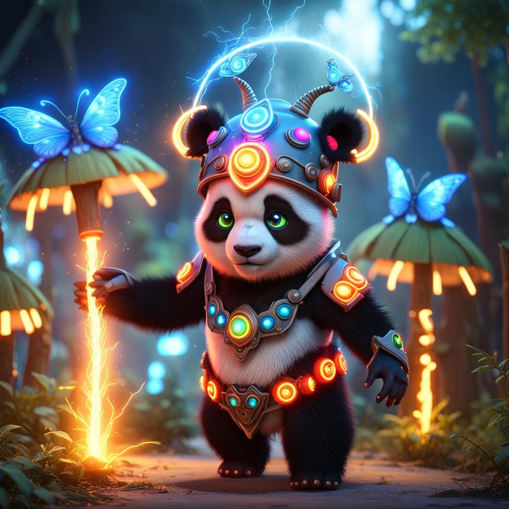 short wide dwarf panda walking with twinkles and sparks rainbows neon ...