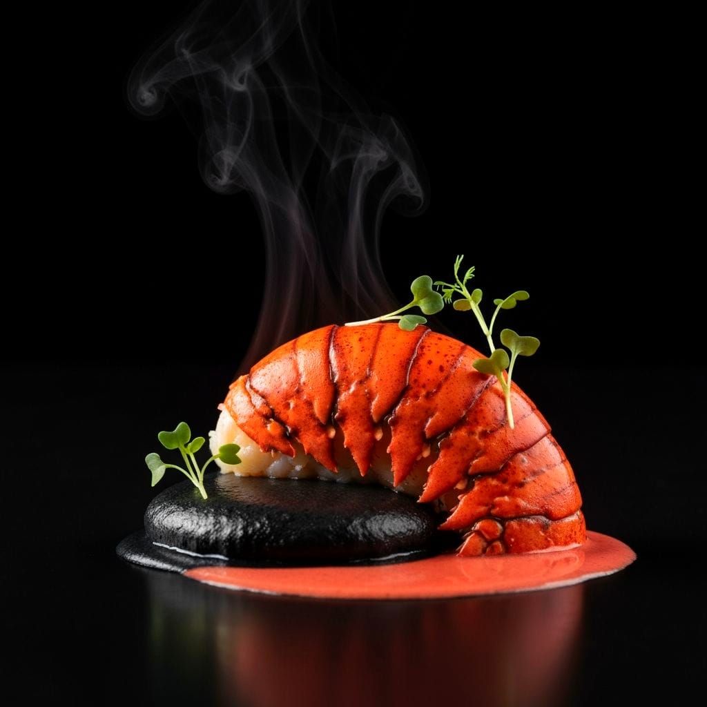 A lobster tail gently poached, resting on black charcoal-infused sauce. Micro herbs stand upright like a miniature garden. Steam curls upwar...
