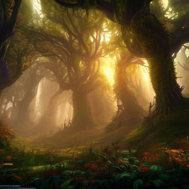 Enchanted forest from the RPG game Gothic detailed matte painting, deep color, fantastical, intricate ...  by @Protodead