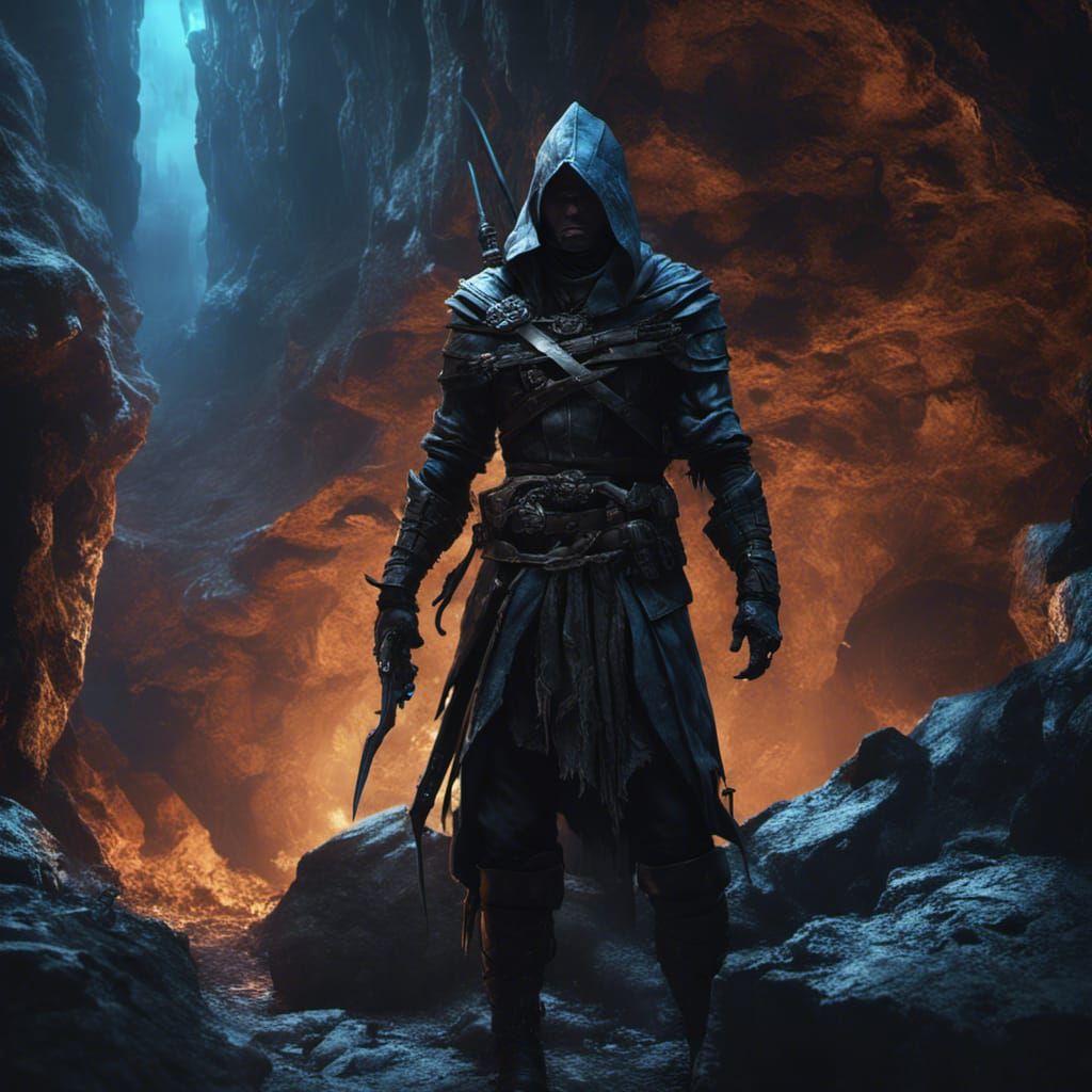 assassin in black leather, black daggers, blue sun, cave in ...
