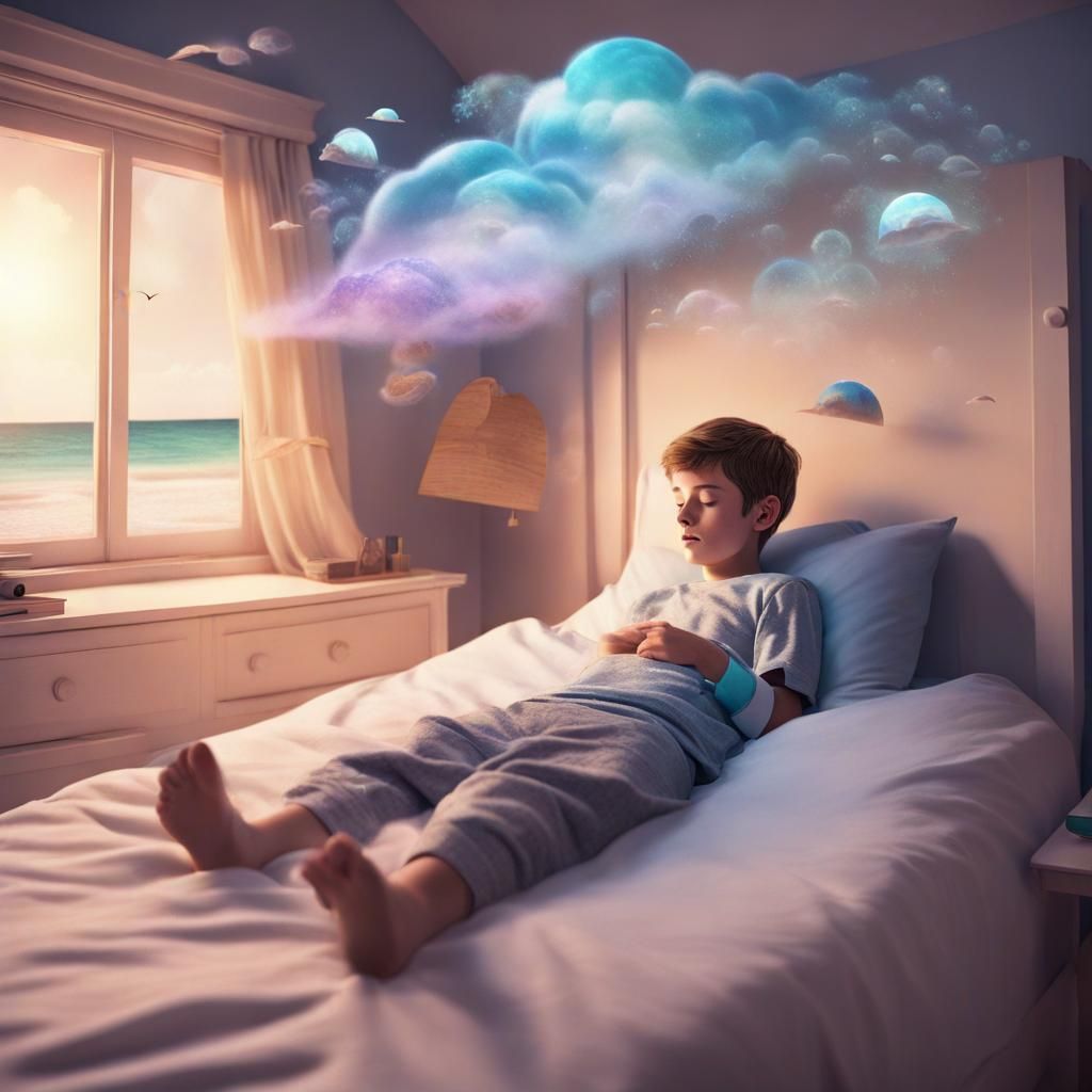 a boy in a bed having holographic vapour dreams of beaches c...