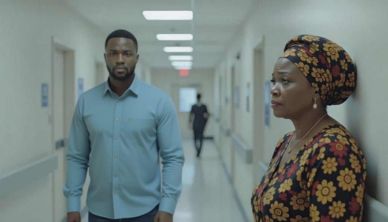 Hospital hallway scene — Justice, a Nigerian man in his mid-30s, walks away quietly. In the background, Chinenye’s mother (60-year-old Niger...