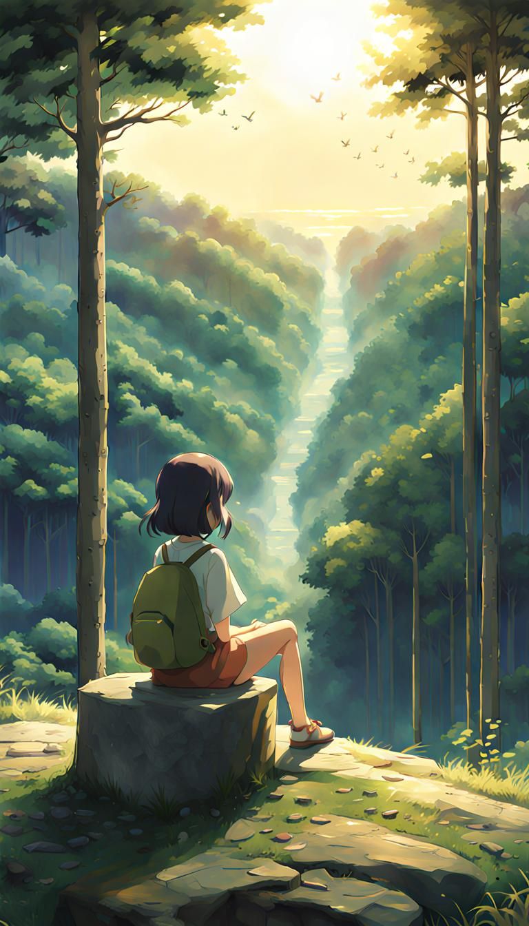 chibi girl, alone, watching the sun, sitting on a stone, big...
