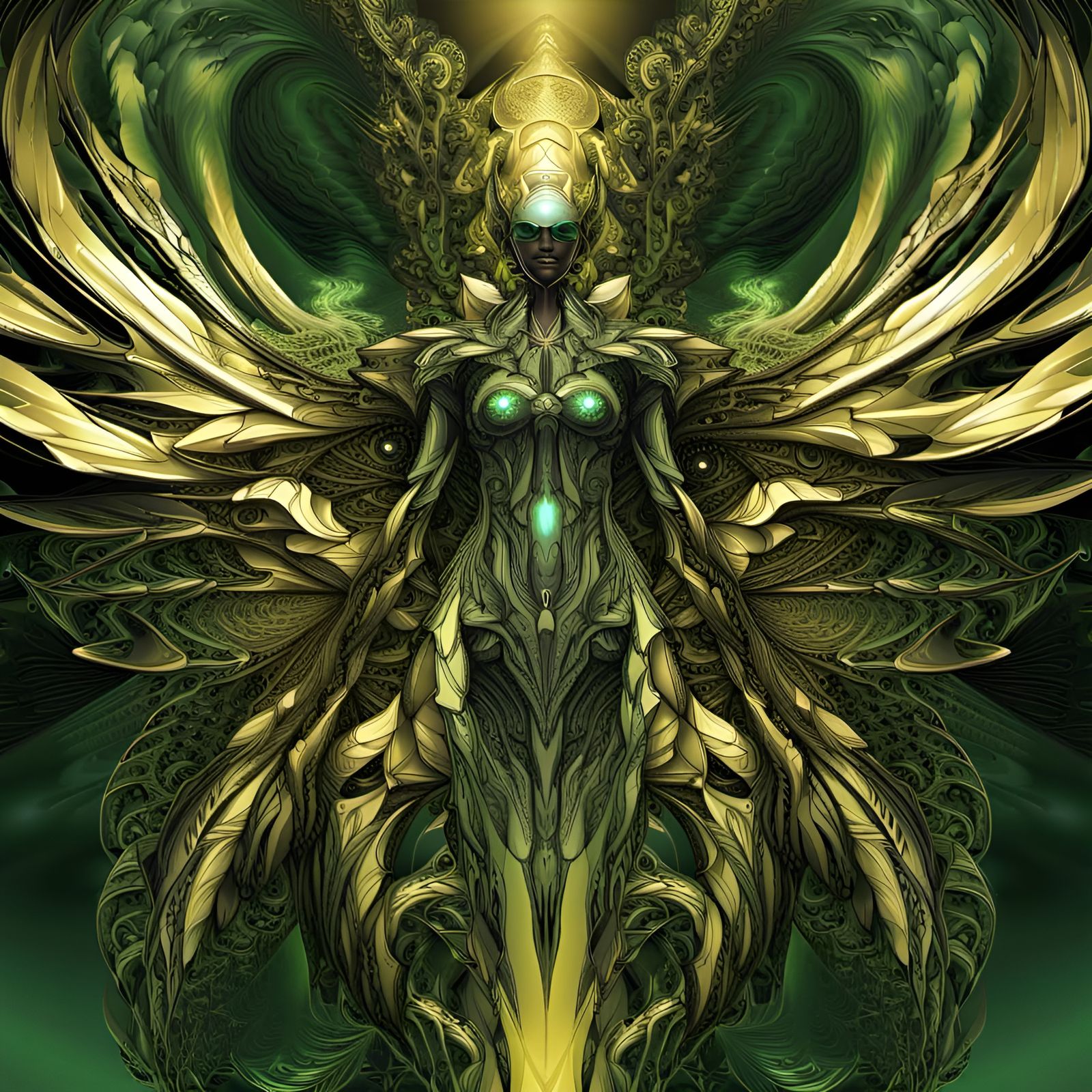cybernetic angel, black green gold