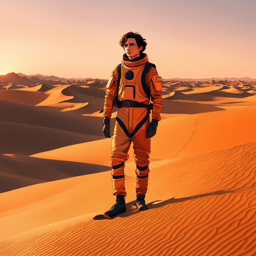 Timothée Chalamet, wearing a high-tech desert survival suit, amidst