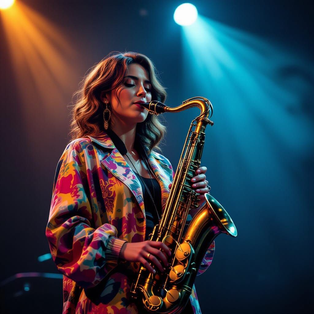 Saxophonist in Dramatic Spotlight, Vibrant Clothing