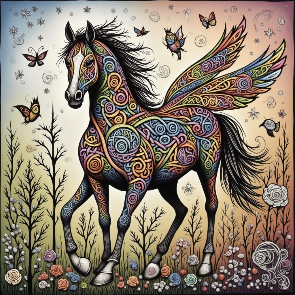 Painted horse <lora:Knot Work Sketches:1.0> 