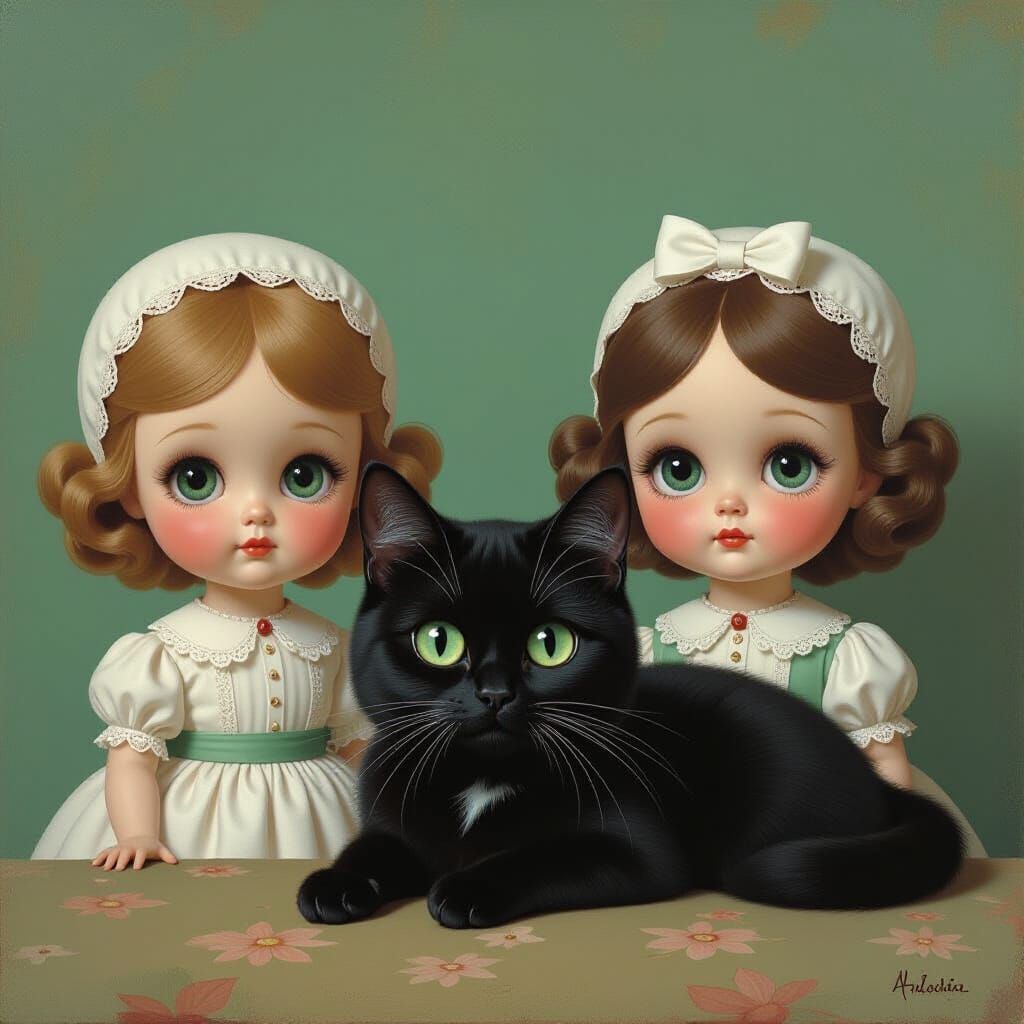 A surreal nighttime portrait of a black cat with extremely large, dark cirmo-green eyes. The artwork is in the style of Margaret Keane, but ...