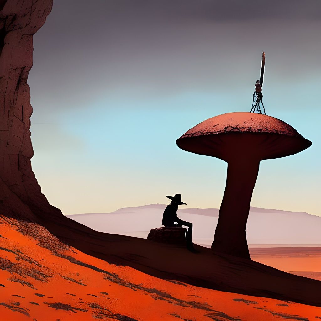 Solitary cowboy setting up an antenna on an alien mushroom AI Generated Artwork NightCafe