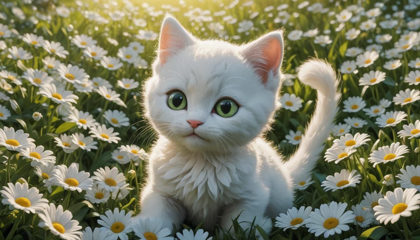 Snow-white kitten on a green lawn among white daisies