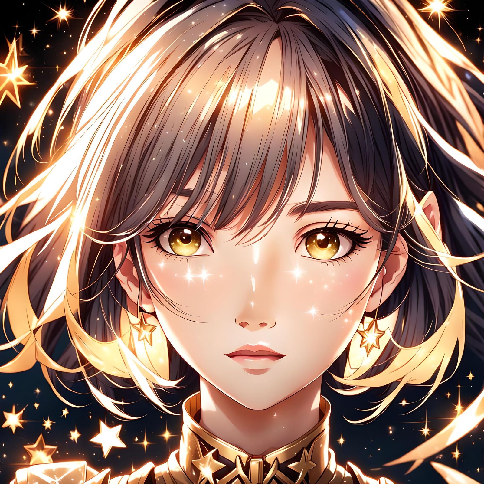 Semi realistic anime indonesian girl with black hair and brown eyes that sparkle like a star and a calm fun aura high re...