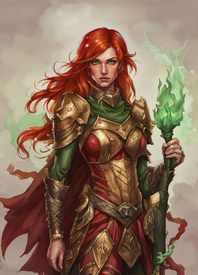 half-elf fire sorceress, dungeons and dragons character portrait, red ...