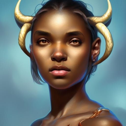 African American aries girl with horns head and shoulders po...
