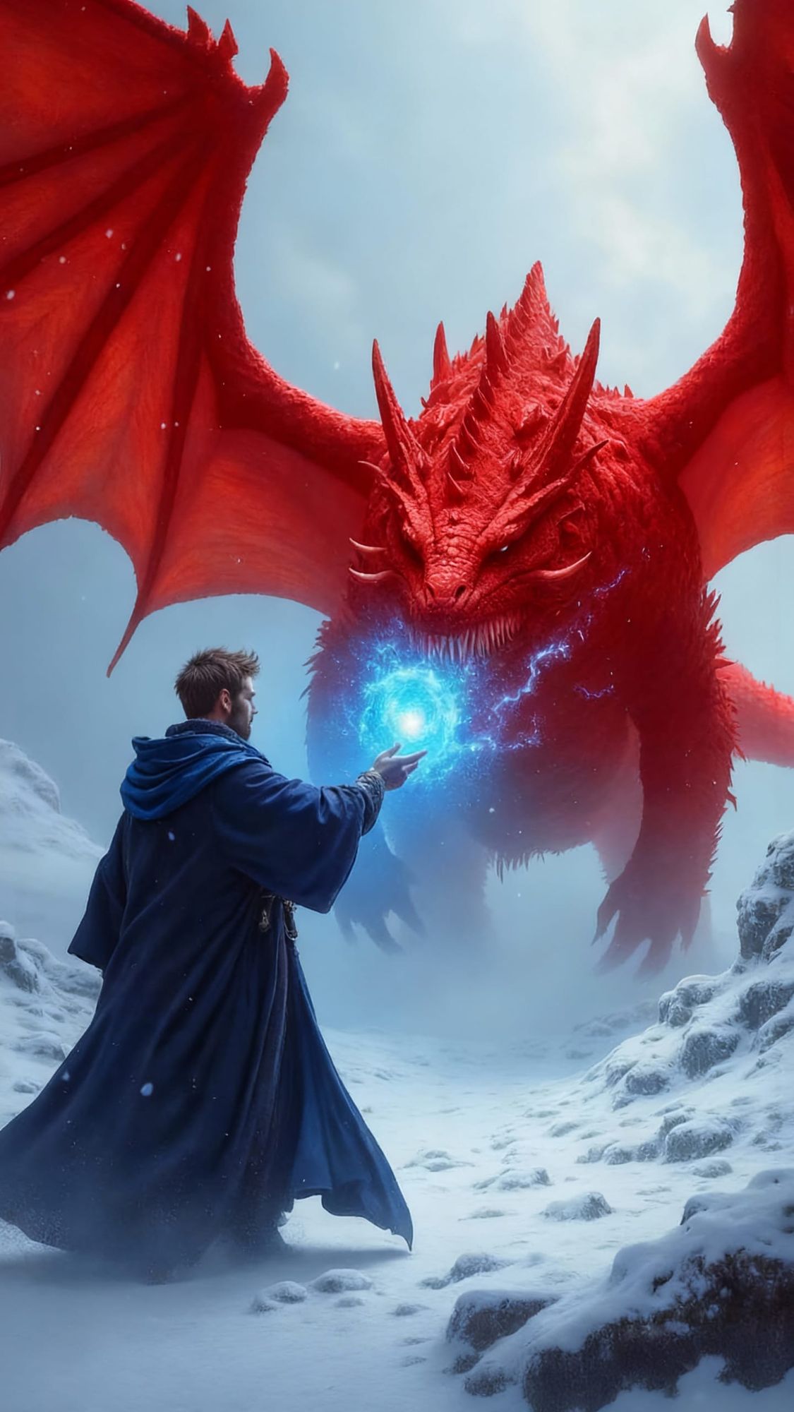 Young, handsome, clean-shaven wizard firing a blue-white spell at a big dragon in a snowy landscape 