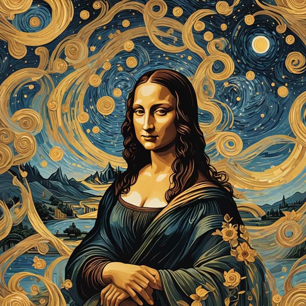 Generate an image of the Mona Lisa reimagined with Van Gogh'...