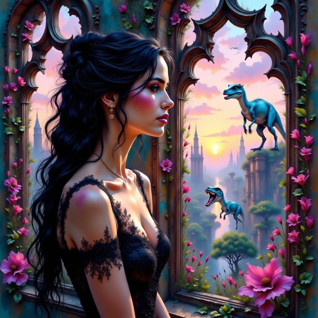 <lora:Bandstand Model:1.0> A beautiful woman is looking out the Window and outside the window is a surreal extraterrestrial landscape with D...