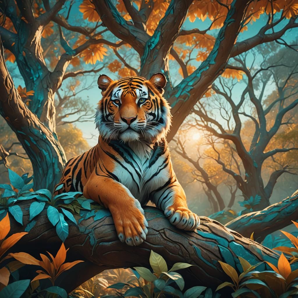 Adorable Tiger on Majestic Tree in Fantasy Art