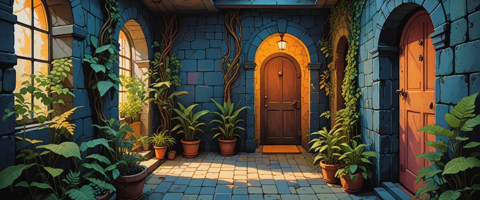 quaint naive scene, outdoor bathroom, dungeon, daytime sky, mysterious passageways, stone walls, ferns, comic book style, watercolor, gouach...