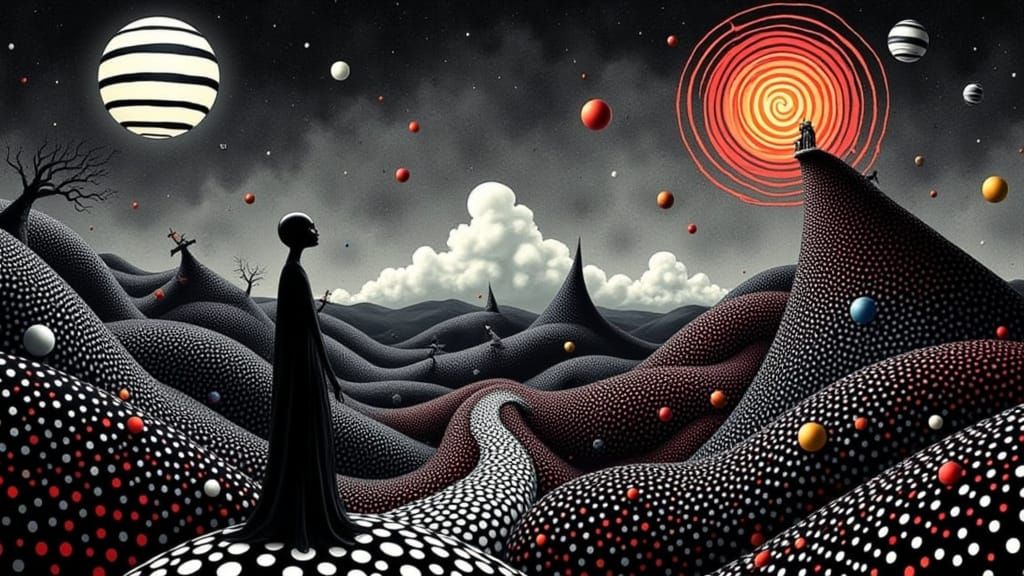 A spiraling nightscape with a lone figure standing on a curved hill, their elongated silhouette dissolving into a sea of polka dots against ...