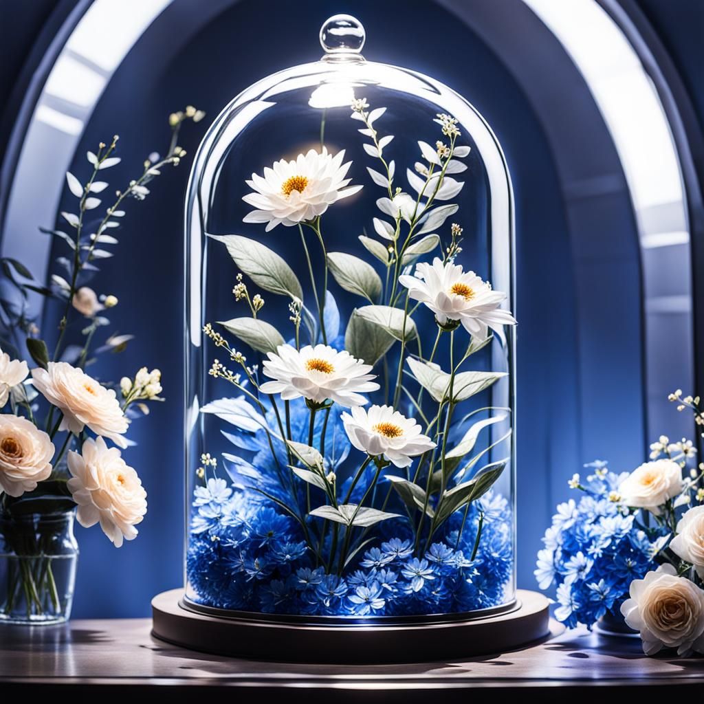 Flowers in a glass dome jar, blue light
