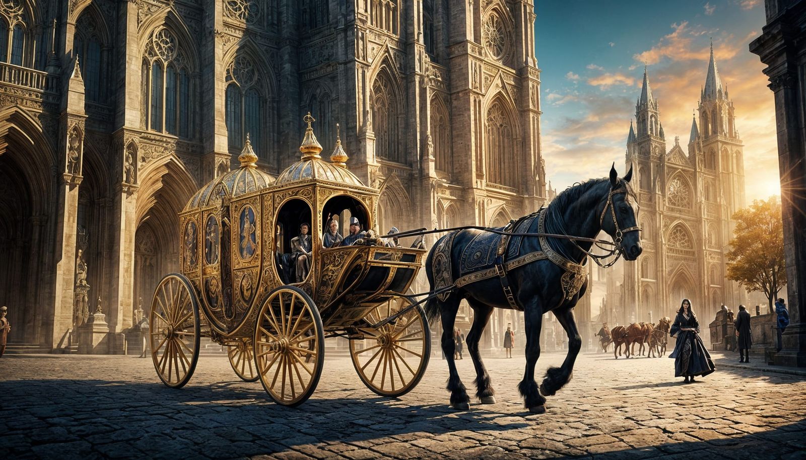 A fantasy Gothic street with a cathedral and a horse pulling a golden carriage. Luxurious, ornate, opulent, ...  by @Carlos