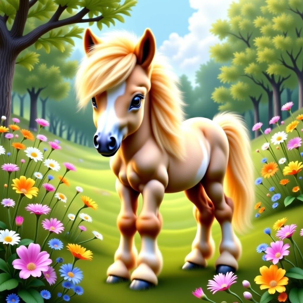 Cutest Baby Palomino Pony Foal with a Luxuriant Mane and Tail in a grassy clearing with colorful wildflowers, hyperrealistic, hyperdetailed,...