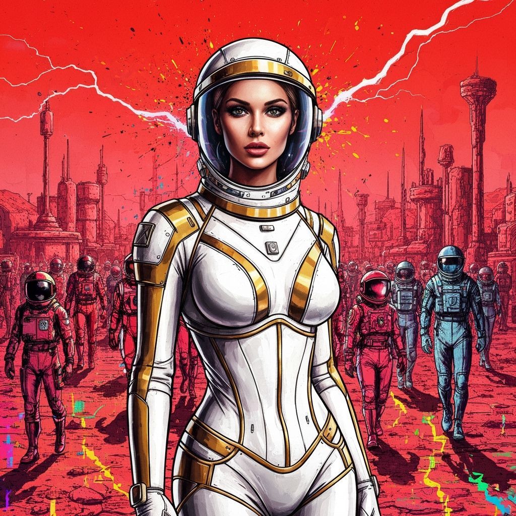 Futuristic Life on Mars. Portrait of pretty lady in Spacesuit. 