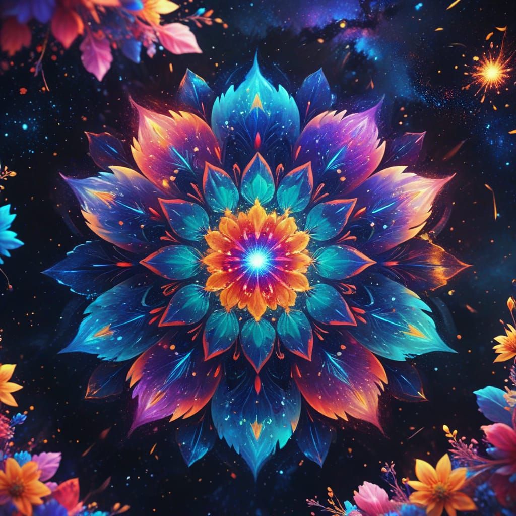 Cosmic Mandala of Flower Petals in Surreal Digital Art